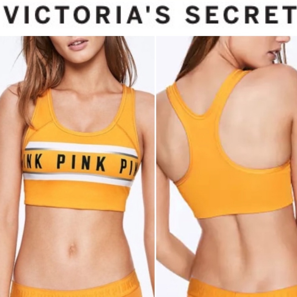 PINK Ultimate Yellow Metallic Striped Logo Sport Bra Victoria’s Secret Racerback